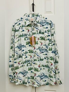 Free Planet Ski Print Button Down Shirt XL
